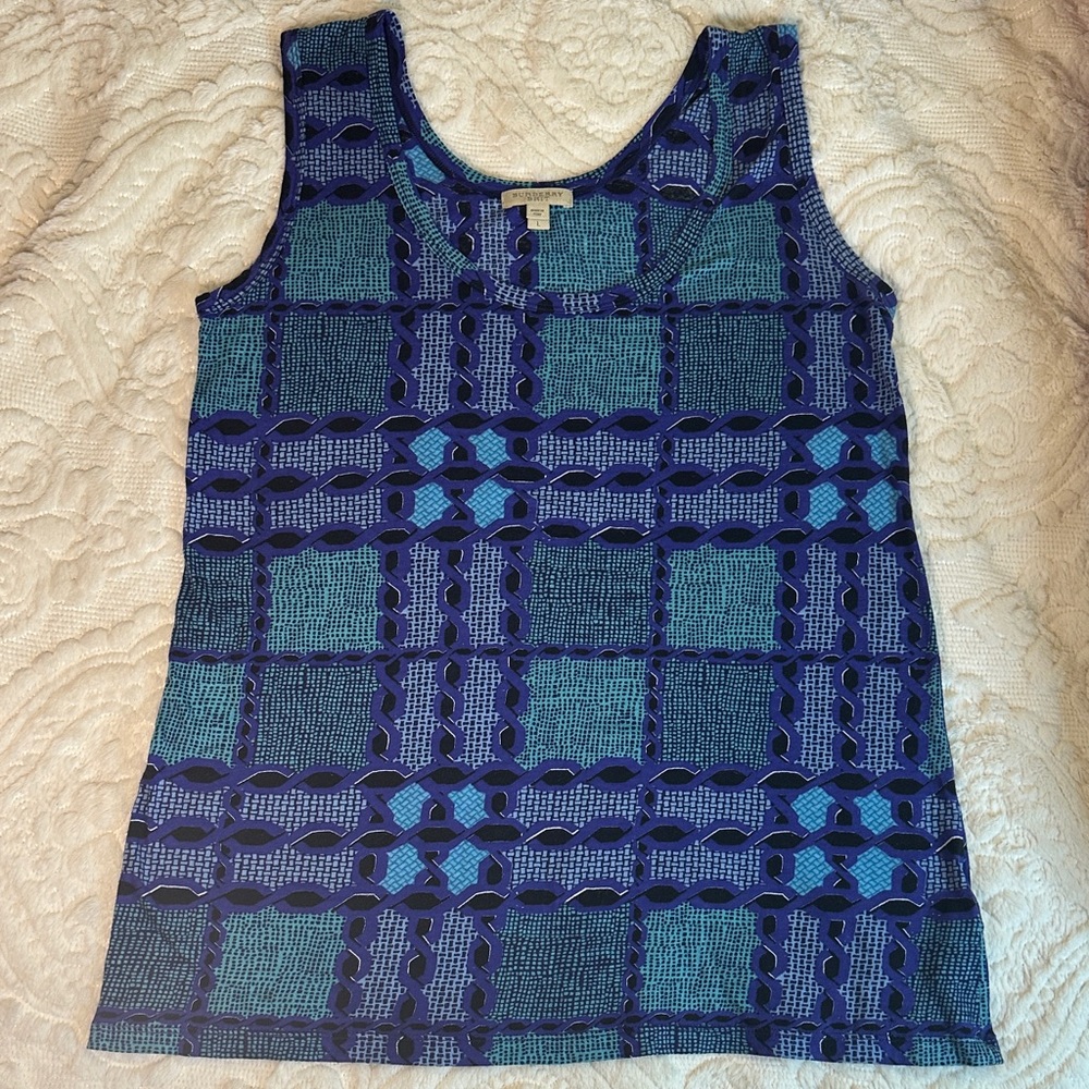Burberry Brit chain plaid Blue Women's Tank Top 100% pima cotton sz L
